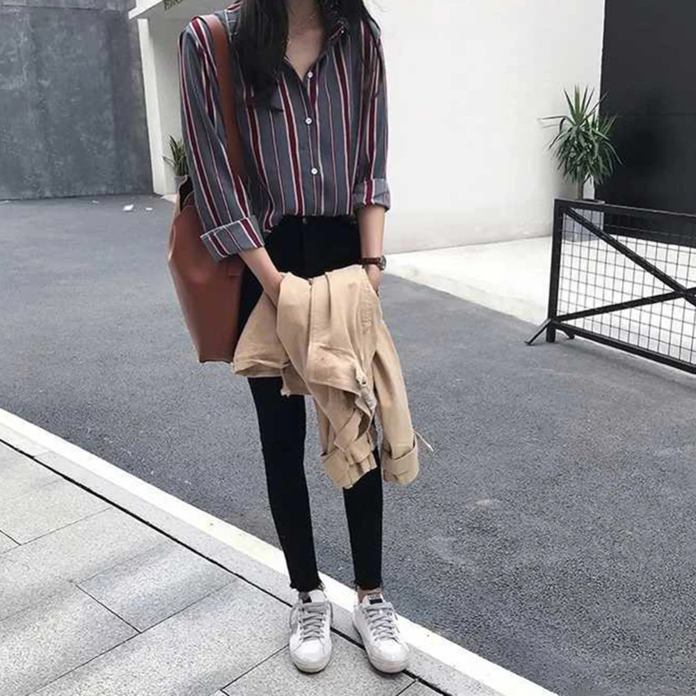 

M-XXL Plus Size 2019 Summer Fashion Women Tops Loose Cotton Striped Shirt Button Women Tops Long Sleeve Women Shirts