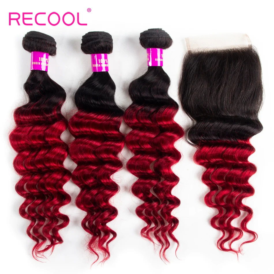 Бразильские волосы Recool с эффектом омбре 3 пучка кружевной застежкой 1B красные