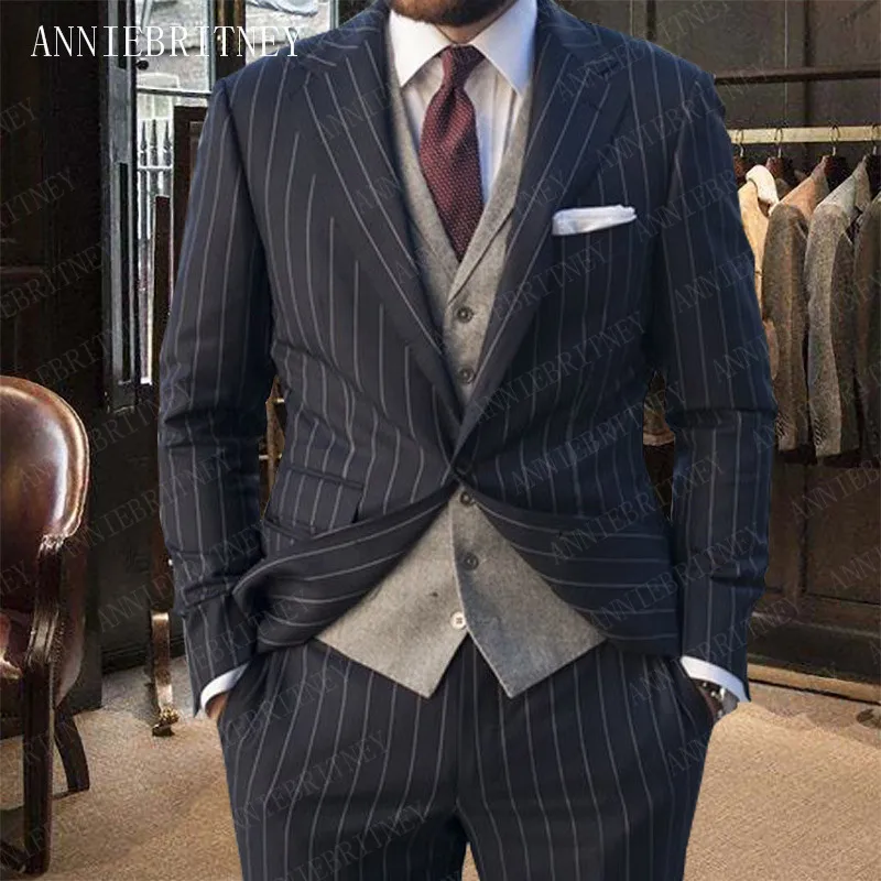 

ANNIEBRITNEY Men Suits for Wedding Fashion Stripes Printed Tuxedo Man Suit Slim Fit Custom Made Groom Suits Casual Suit for Men