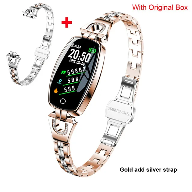 gold add silve strap H8 Смарт-часы для женщин водонепроницаемый мониторинг сердечного ритма Bluetooth для Android IOS фитнес-браслет умные часы - Цвет: gold add silve strap