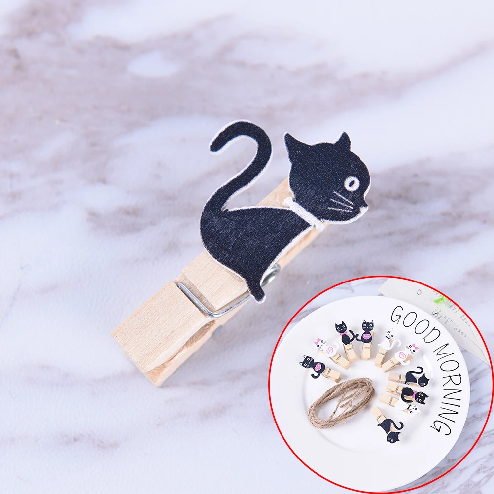 

10pcs/lot Mini clipwood paper clip for bag DIY tools Kawaii Japanese cat wooden clips with hemp rope