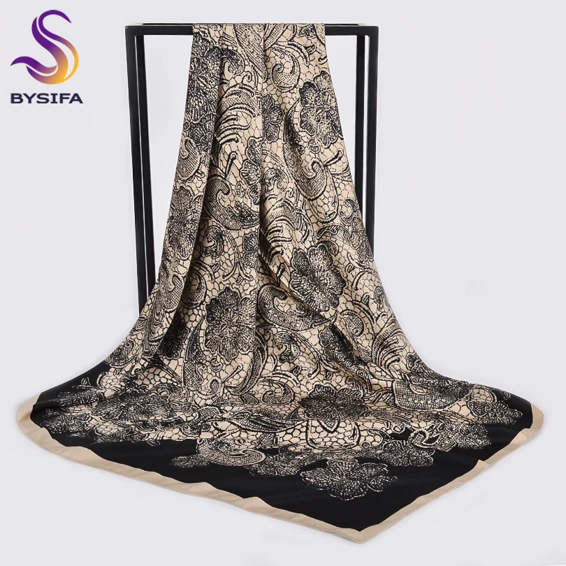 

[BYSIFA] Women Black Beige Large Square Scarves Wraps Winter Fashion Dull Satin Silk Scarf Shawl Elegant Ladies Neck Scarf Hijab