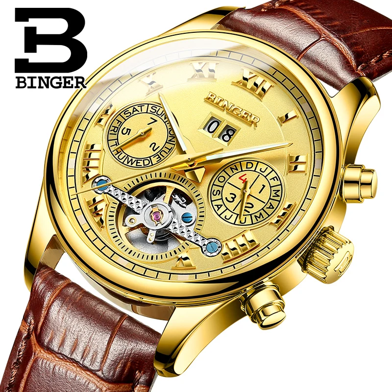 Роскошные золотые мужские часы Tourbillon водонепроницаемые механические наручные