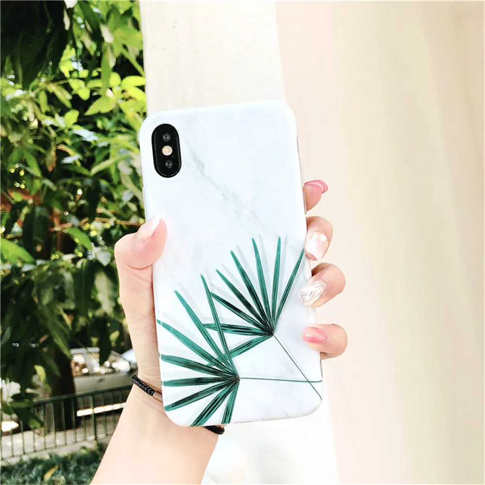 Чехлы для iPhone X летние зеленые листья растений простой стиль белый Мрамор телефон