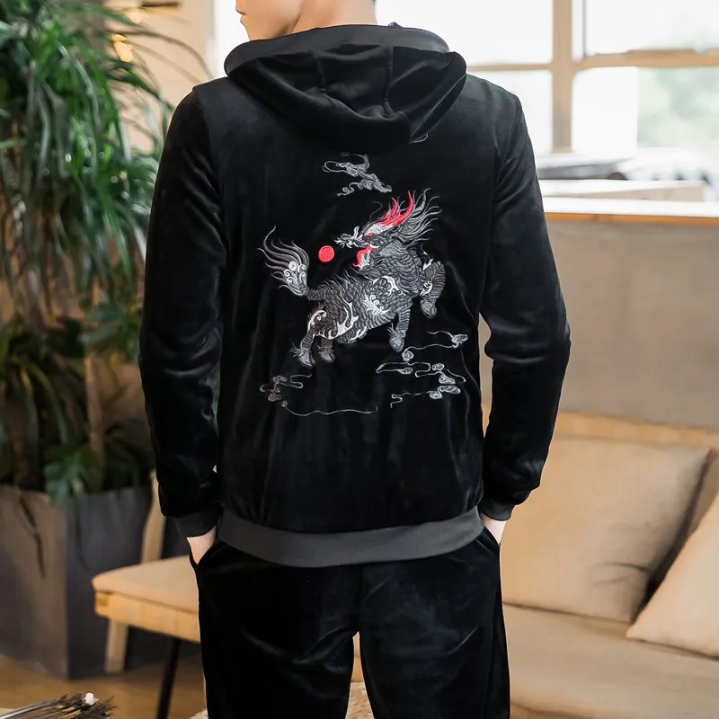 Китайский дракон вышивка куртка с капюшоном Мужская модная бархатная уличная