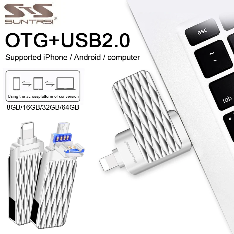 Suntrsi OTG USB флеш накопитель для iPhone 5/5s/5C/6/6 S Plus/7/Ipad/Android 2.0 флешки металл usb флэш