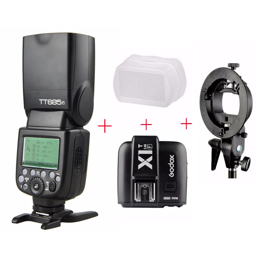 Godox TT685F/w X1T-F ttl HSS Вспышка Speedlite для ЖК-дисплея с подсветкой Fujifilm X-T2 X-T20 X-T10 X-A2+ X1T-F+ Bowens кронштейн+ рассеиватель