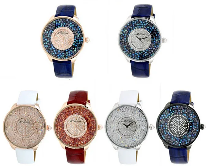 

Luxury Full Colorful Crystals MELISSA Watches Quartz Popular Big Size Women Dress Wristwatch Leather Feminino Montre 3ATM F12008