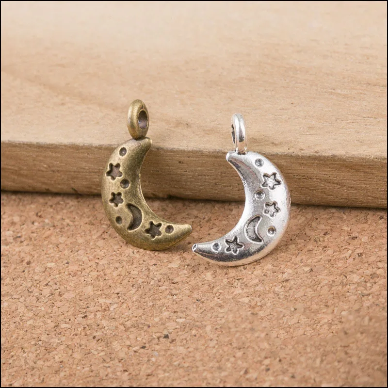 

High Quality 50 Pieces/Lot 10mm*19mm Antique Bronze Or Antique Silver Plated Small Moon Charms For Diy Making