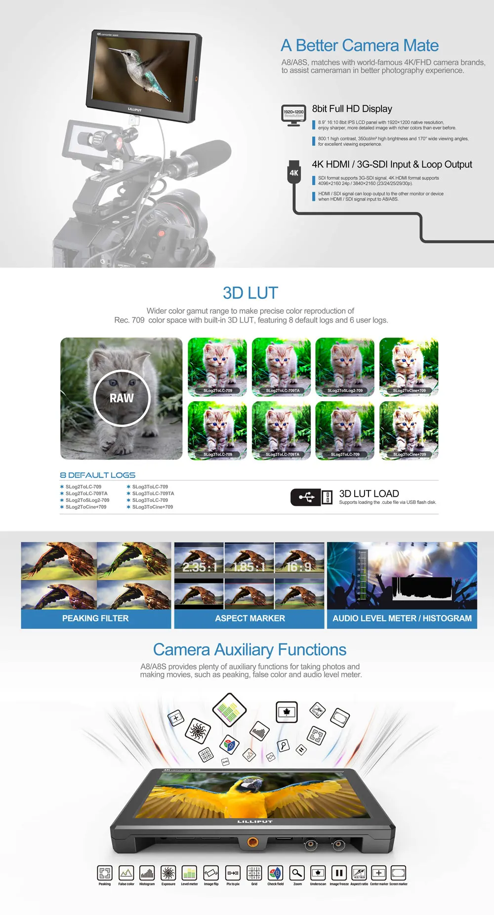 Lilliput A8S 8,9 дюймов Utra тонкий FHD ips 3G-SDI HDMI 3D-LUT накамерный видео полевой монитор для DSLR камеры видео