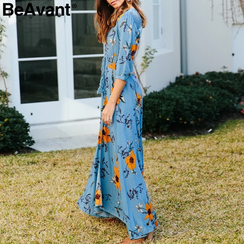 BeAvant Floral print summer maxi dress women V neck button split boho dresses casual Holiday beach long plus size vestidos | Женская
