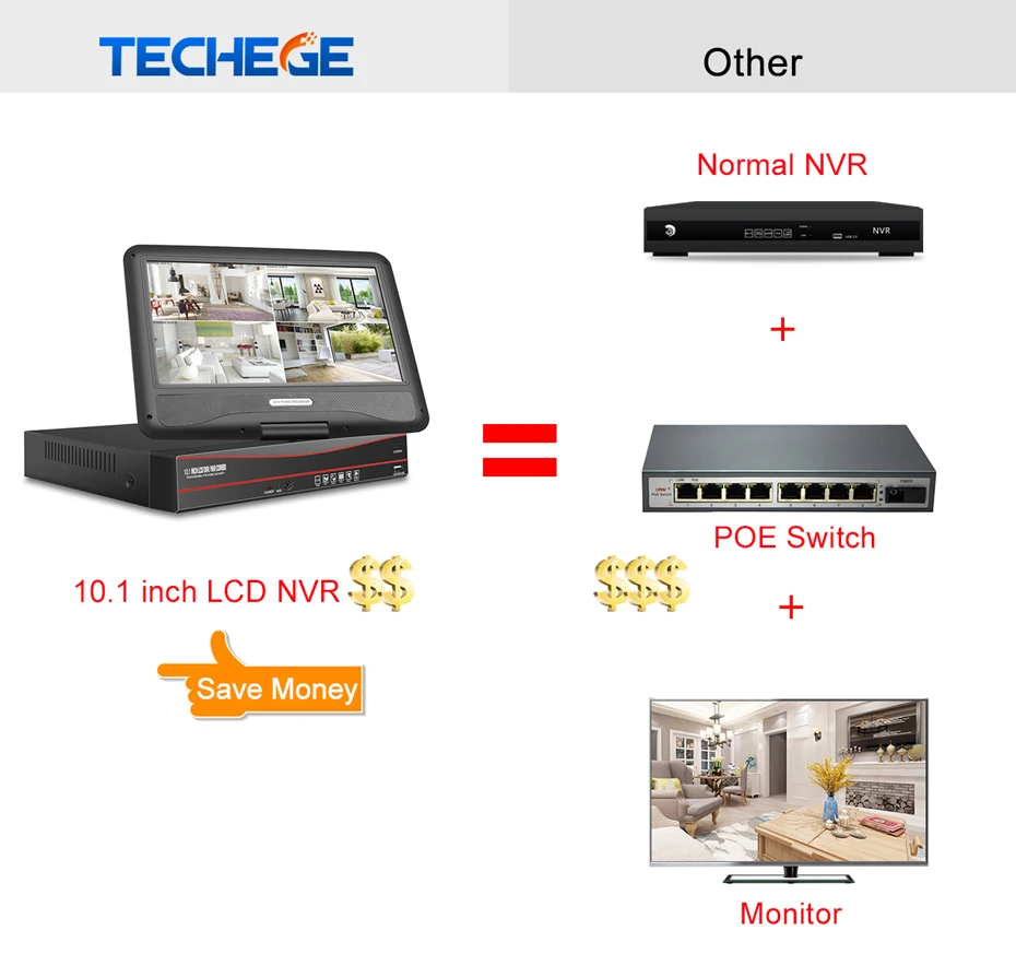 Techege 8CH 1080P 48V POE NVR комплект с 10,1 ''ЖК-монитором 2MP 3000TVL PoE ip-камера Открытый ночного видения комплект видеонаблюдения