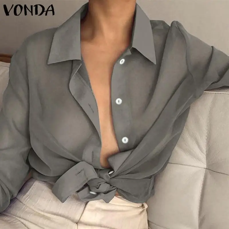 VONDA, женская блузка, сексуальная, с отворотом, на шее, с длинным рукавом, топ, весна-лето, пляжная одежда, Офисная рубашка, прозрачная, Просвечивающая, Blusas 5XL