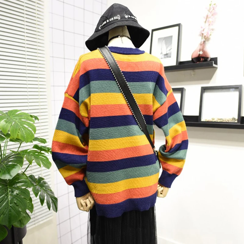 Autumn Women Knitted Sweater Rainbow Stripe Loose Outerwear Long Batwing Sleeve Pullover Knitwear Female Casual Tops One Size | Женская