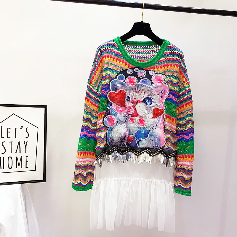 2018 Новинка осени приходят трикотажные красочные полосы сетки лоскутное кошка