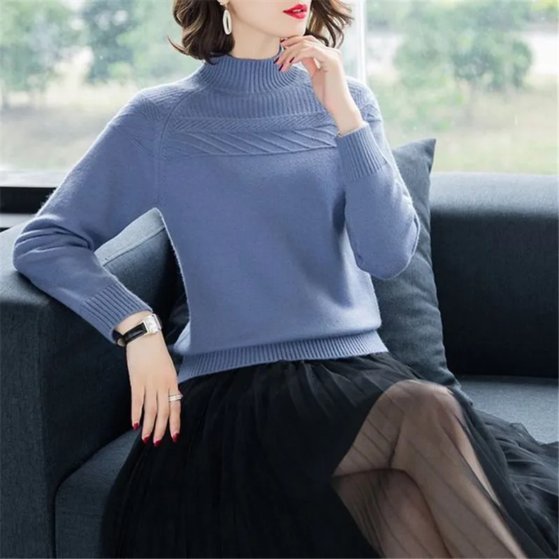 Осень Зима Вязанный свитер женский длинный рукав водолазка вязаный Повседневный