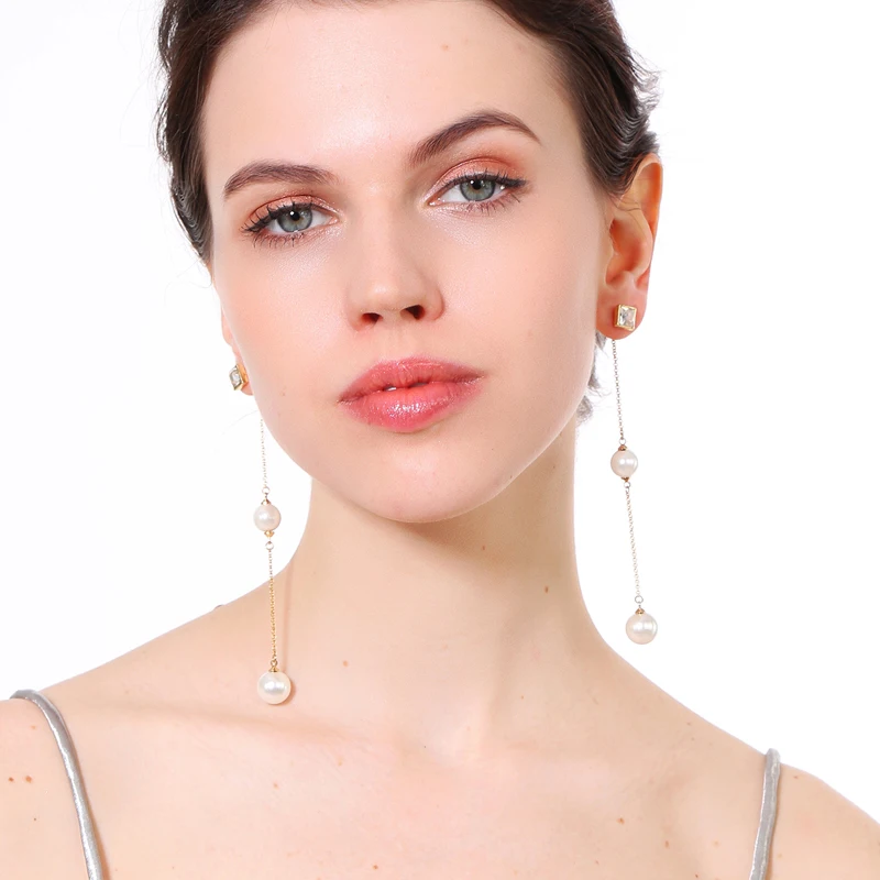 Длинные стеклянные серьги с искусственным жемчугом геометрические модные