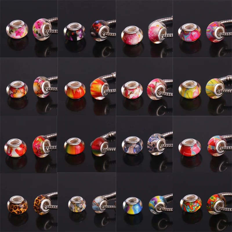 

14MM Mixed Color Silver Color Cord Big Hole Loose Beads Charms Fit Murano Jewelry Bracelet Findings 100pcs/lot