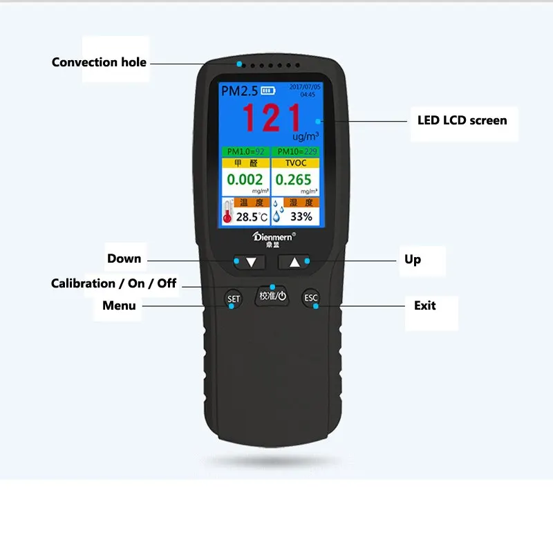 Лазерный детектор качества воздуха 8 в 1 с английским меню TVOC HCHO PM2.5 тумана