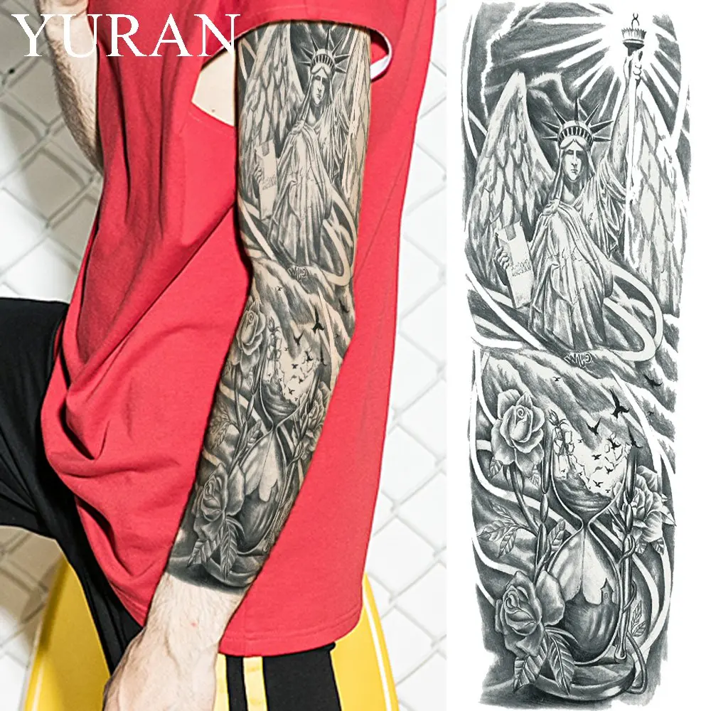 

Cool Black Statue Of Liberty Temporary Tattoo Stciekrs Men Full Arm Water Transfer Tatto Women Legs Wings Fake Tattoo Hourglass