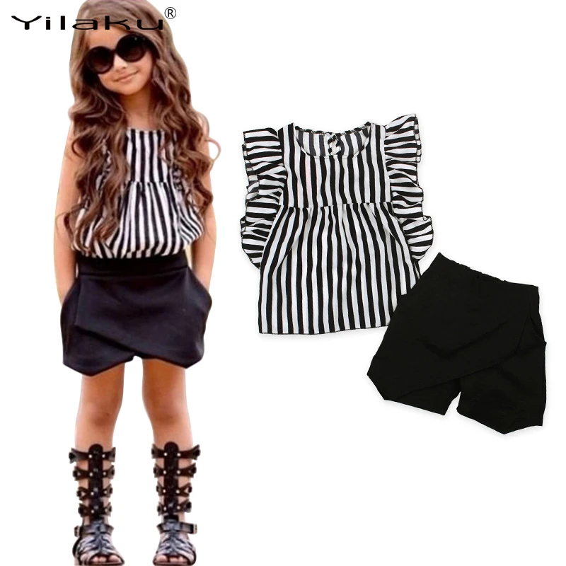 Yilaku комплект одежды для маленьких девочек полосатая рубашка + черные шорты 2 шт.
