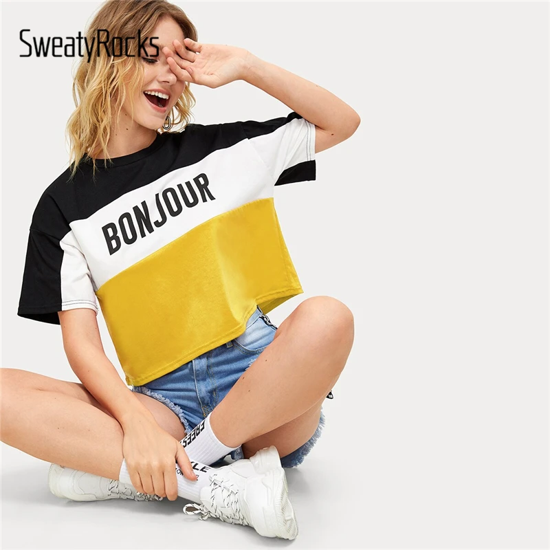 SweatyRocks, цветная футболка с буквенным принтом, уличная одежда, короткий рукав, для занятий спортом, футболки, Летние повседневные топы, женские футболки