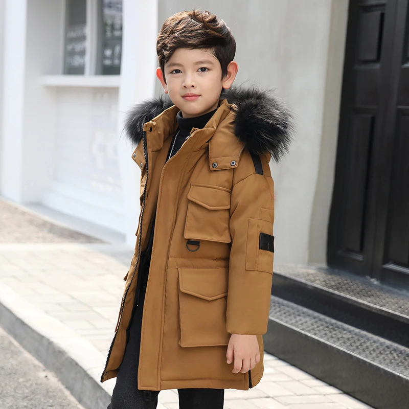 Boys Winter Jacket Goose Down Coat Kids Warm Clothes-30 with Fur Hooded Long Parks Big Boy Children Outerwear 8 10 12 14 year