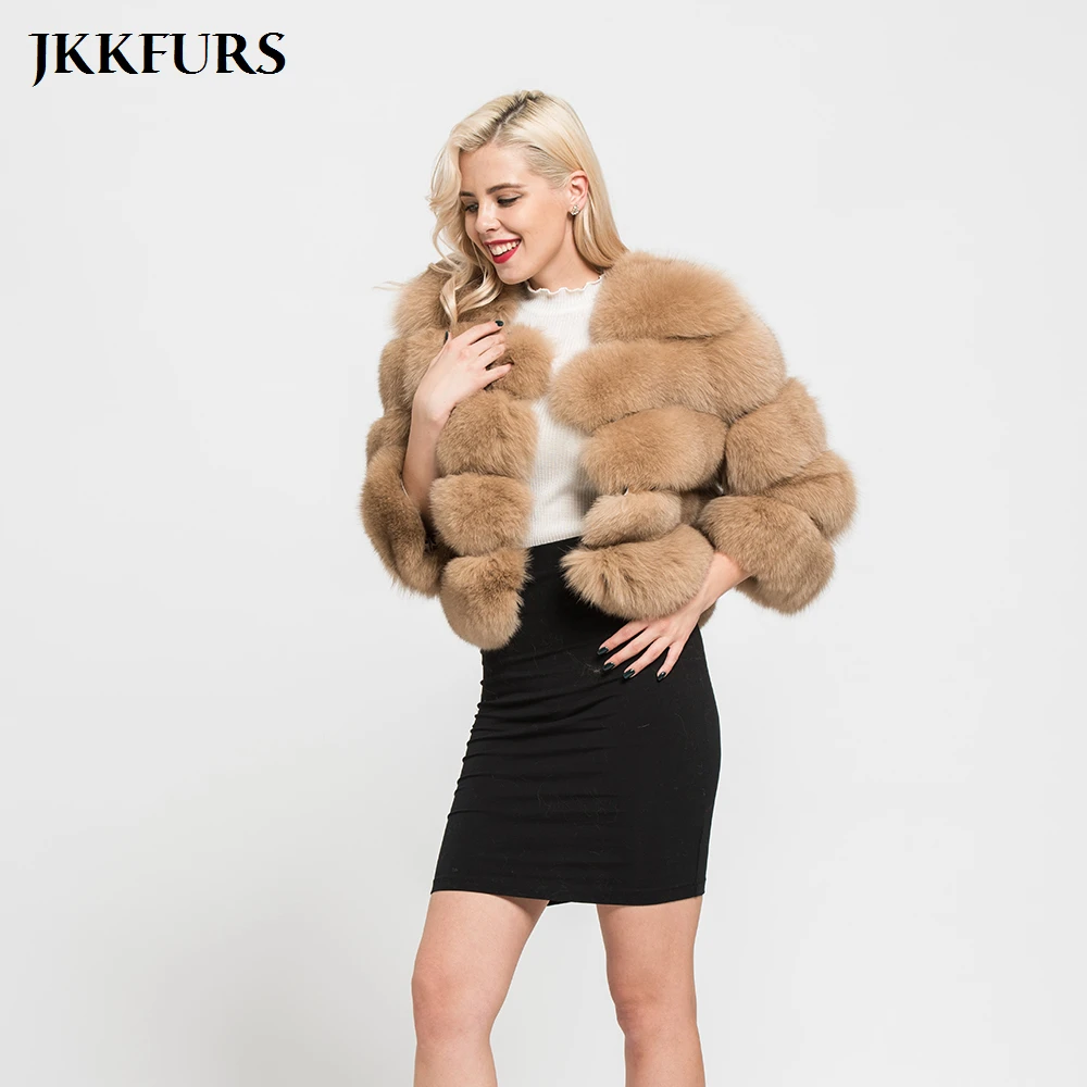 JKKFURS/Женская оригинальная натуральная лиса меховые пальто с карманами, зимняя теплая меховая верхняя одежда, модный натуральный мех, высокое качество, укороченная куртка S1796