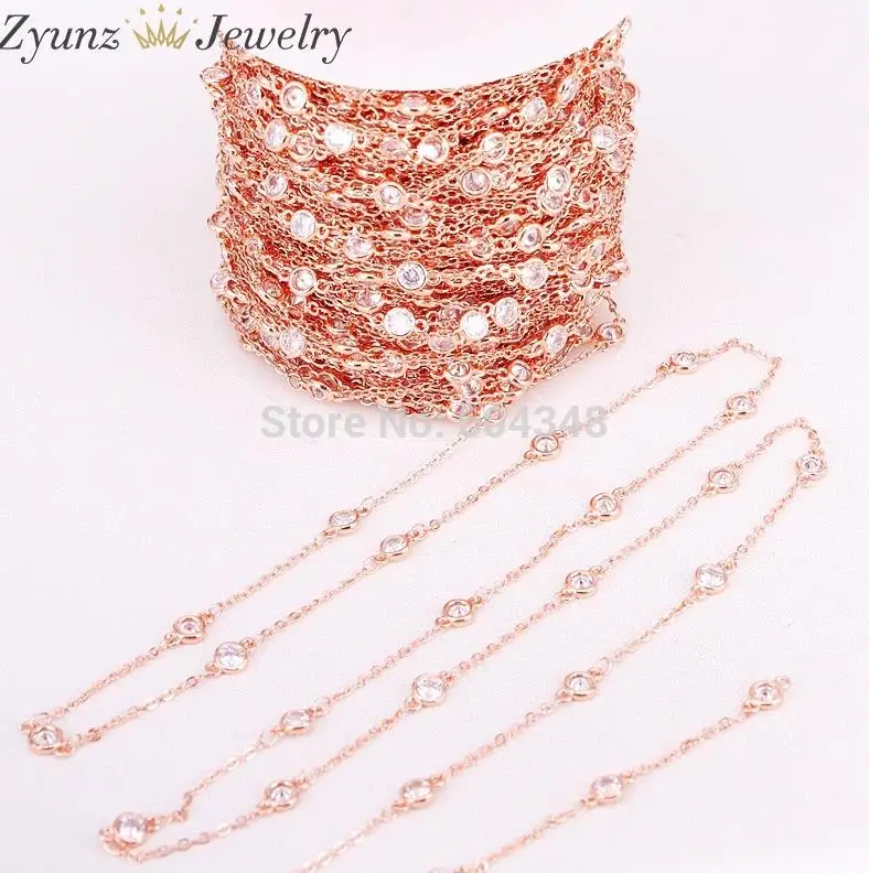 Rose Gold color 5 м ZYZ323-9196 4 мм ясно кубического циркония цепи латунь металлические цепочки с бусинами для DIY ювелирных изделий Аксессуары - Цвет: Rose Gold color