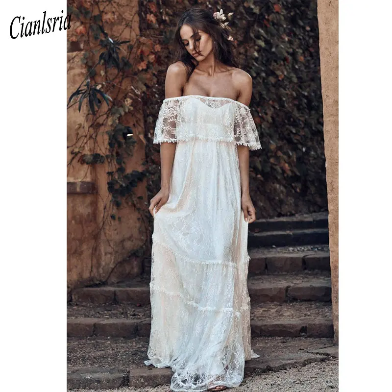 Кружевное винтажное пляжное свадебное платье в стиле бохо с вырезом лодочкой и
