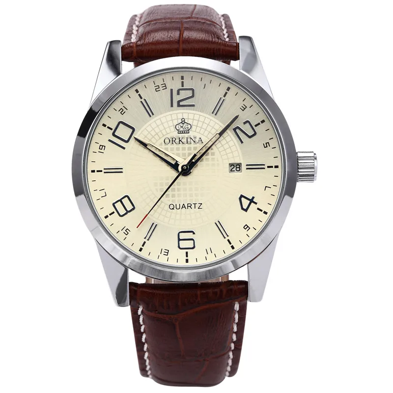 Мг. Часы наручные ORKINA Мужские кварцевые брендовые роскошные с кожаным ремешком