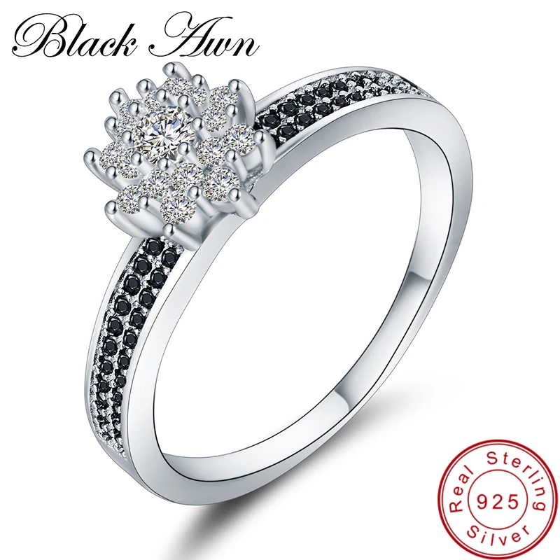 

[BLACK AWN] Genuine 3.4 Gram 925 Sterling Silver Jewelry Black&White Stone Engagement Rings for Women C309