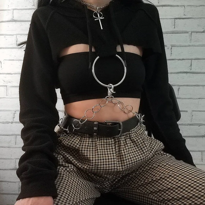 Новинка 2019 Готическая панк сумка с ручками цепочками короткий пуловер черные