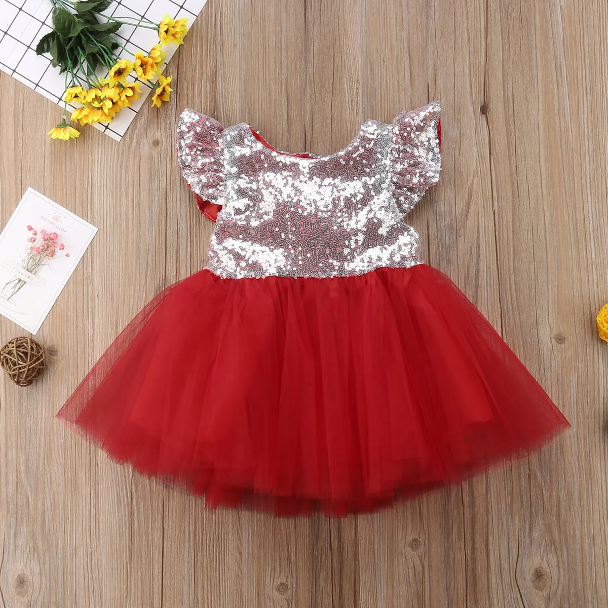 2018 New Summer Party Princess Dress Sequined Lace Patchwork Petal Sleeve Knee-Length Tutu Outfit 1-5Y | Детская одежда и обувь