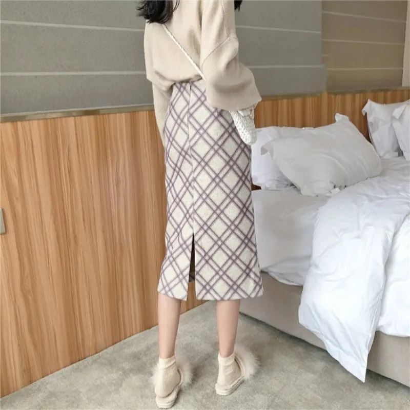 Осенне-зимняя новая женская модная дикая клетчатая юбка тонкая шерстяная с