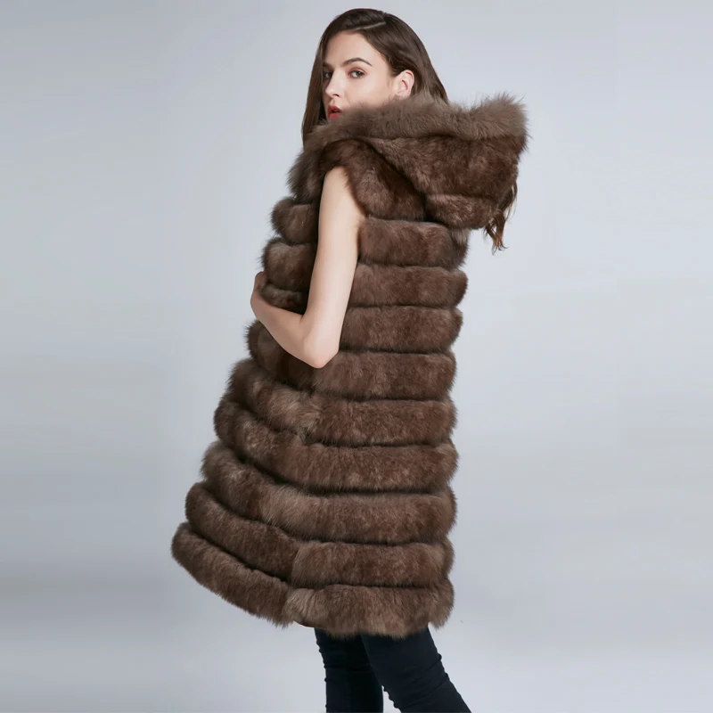 JKP New detachable Real Fox fur Hood Long coat Vest Vest Fashion Thick Warm Coat   Fur Vests Women enlarge