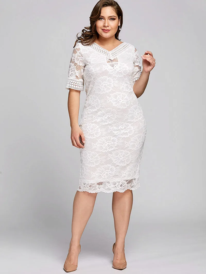 PlusMiss плюс размеры 5XL белый вязаный крючком миди платье Женская одежда большой