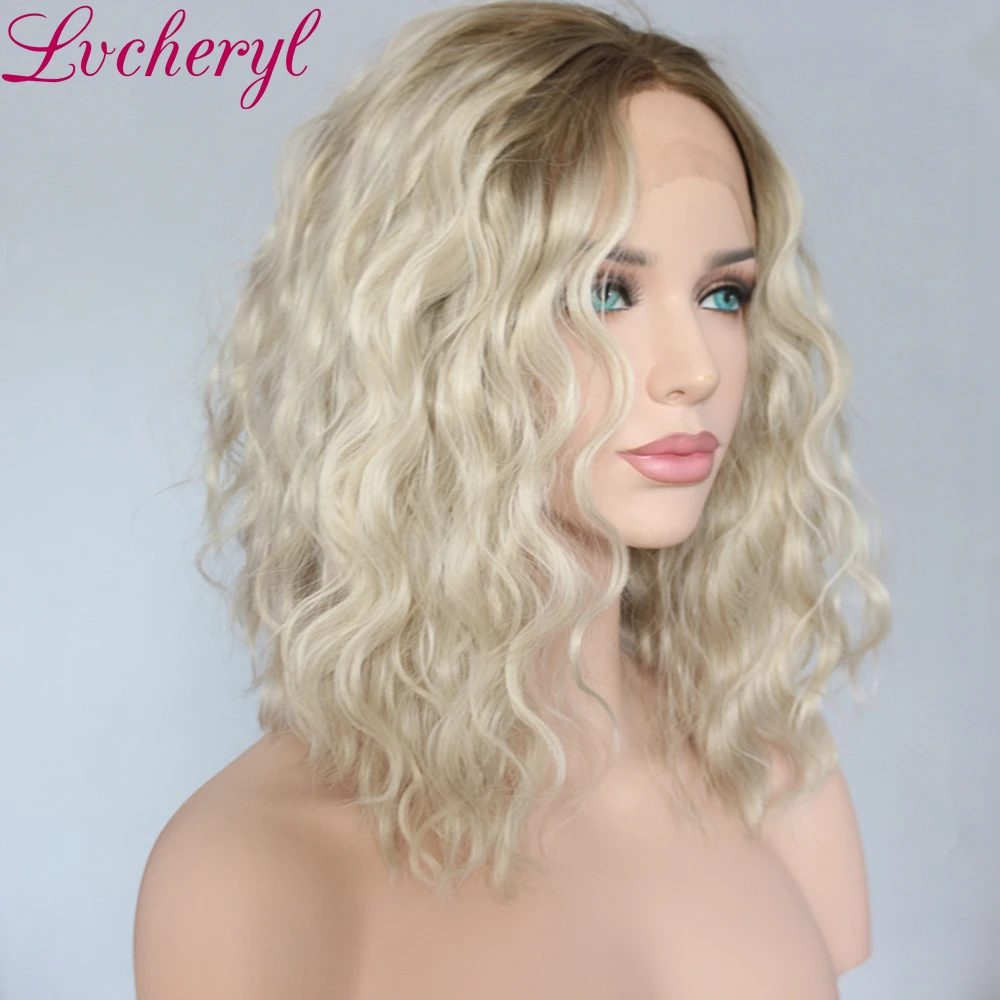 Lvcheryl Ombre коричневый до блонд ручная вязка короткие воды волна термостойкие волокна волос синтетические волосы на кружеве парики для женщин