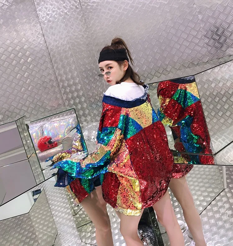 Женская джинсовая куртка WHITNEY WANG яркого цвета с блестящими блестками на весну и