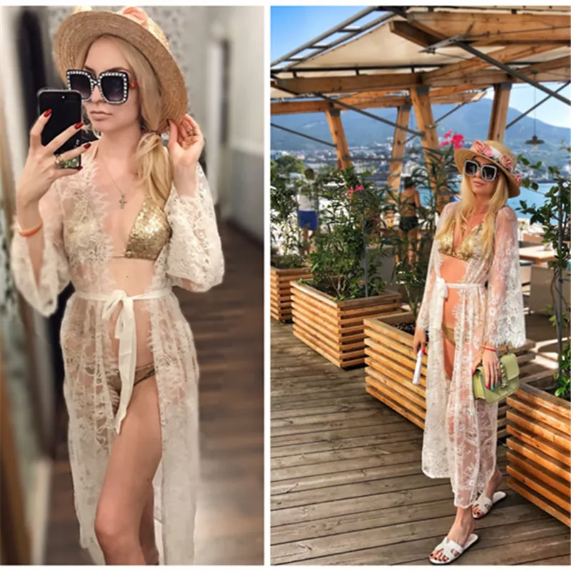 Сексуальное прозрачное белое кружевное пляжное платье кимоно Кардиган большого