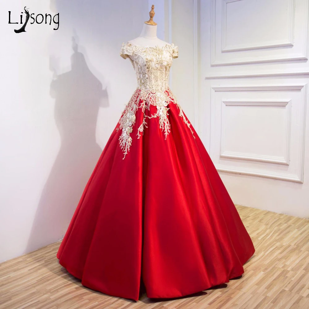 Красное золото Аппликации вечернее формальное платье Бальные платья vestido de noiva женские Пол Длина с открытыми плечами, вечернее платье для вечеринки, официального приема