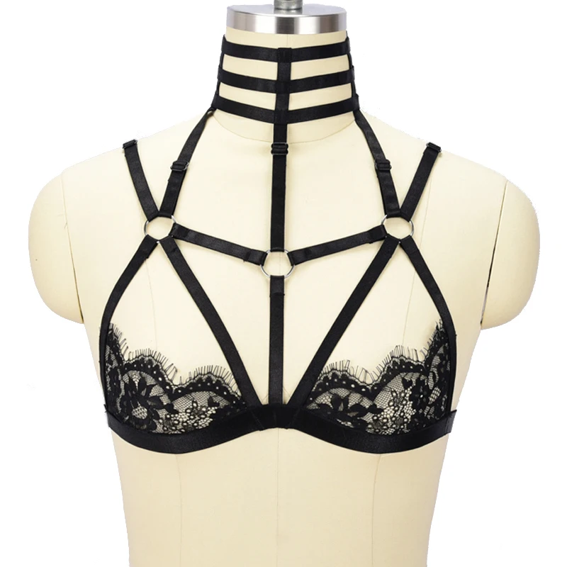 Черные кружевные ремня через одно плечо кружевное клетка бюстгальтер для тела