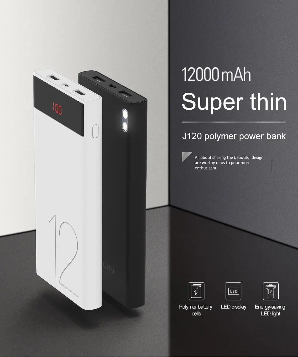 ARUN 12000 mAh внешний аккумулятор 2 USB светодиодный миниатюрное портативное зарядное