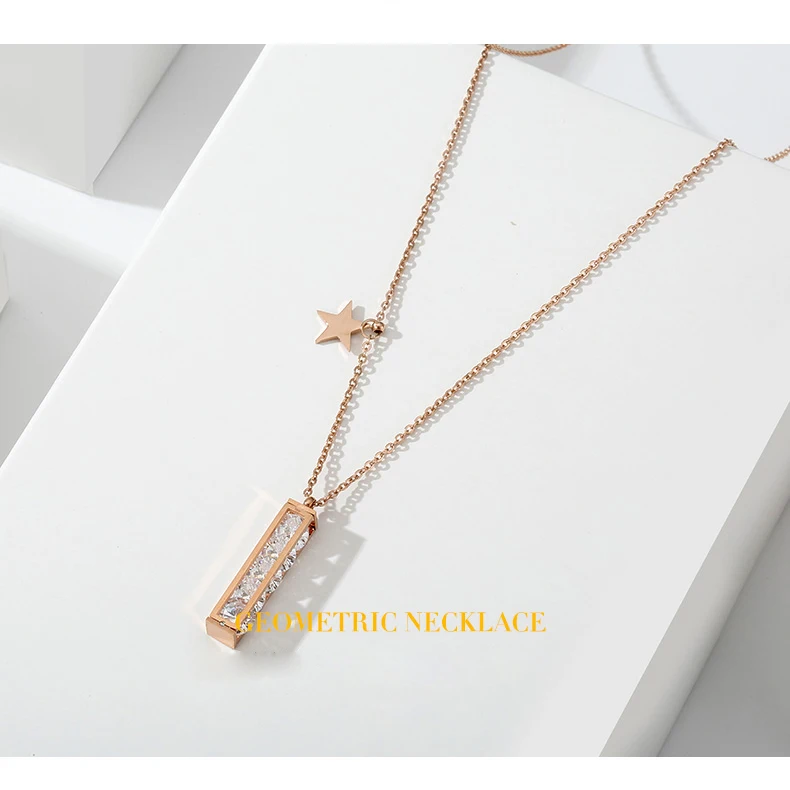 New Arrival Rose Gold Color Geometric Shape Cubic Zirconia Pendant Necklace for Women Trendy Star Crystal Jewelry | Украшения и