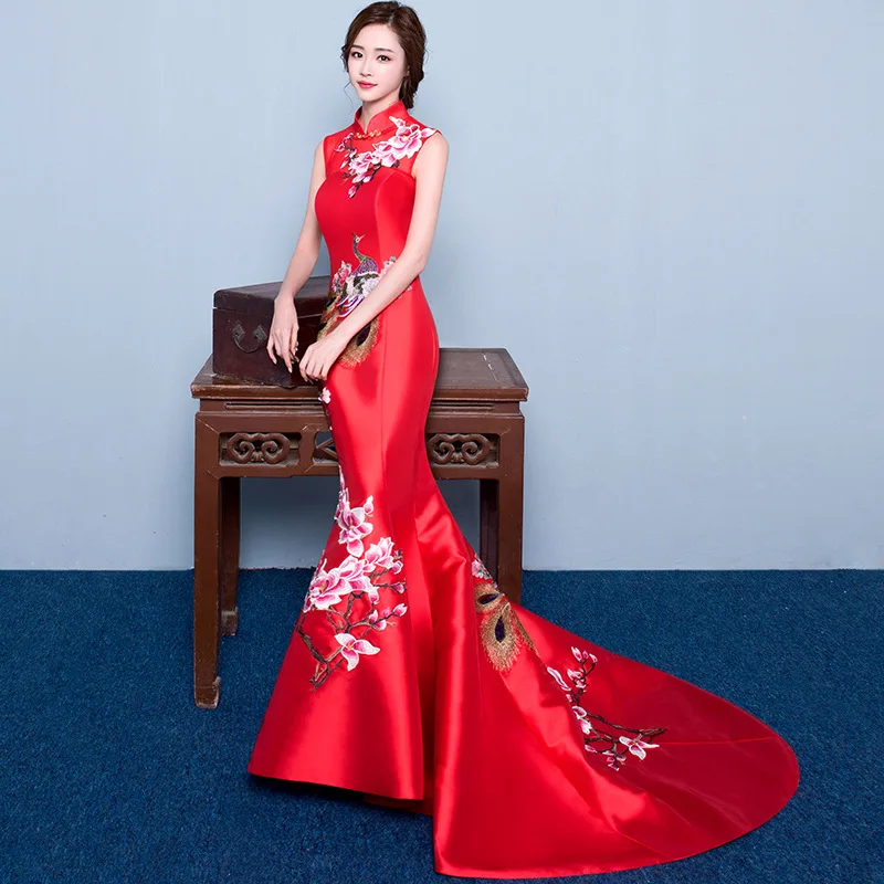 Красные свадебные кружевные традиционные платья для женщин cheongsam китайский стиль длинный Ципао вечернее высокое качество атлас