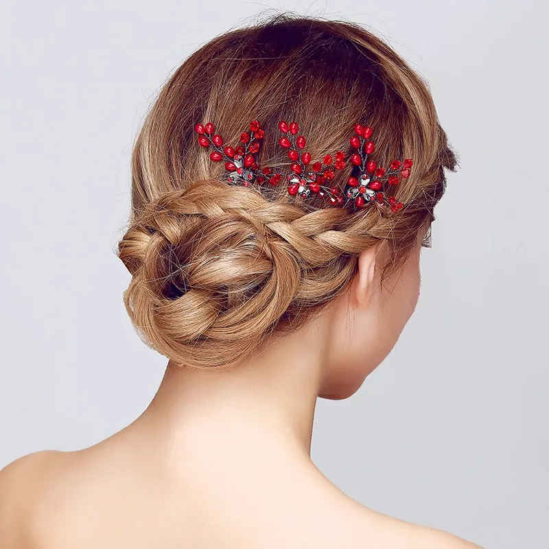 Dower me Red Crystal Hair Vine Wedding Pins Accessories Handmade Floral Bridal Headpiece Women Jewelry Clip | Украшения и