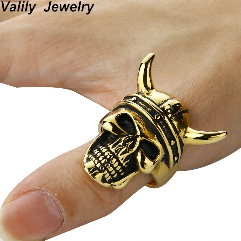 Мужское Винтажное кольцо Valily с черепом из бычьего рога и серебристо черное