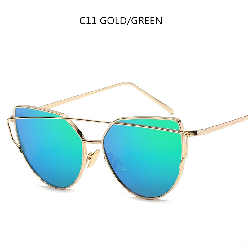 Gold Green Зеркальные солнцезащитные очки Cateye, женские винтажные металлические отражающие очки, брендовые дизайнерские солнцезащитные очки Lunette De Soleil Femme UV400 - Цвет линз: Gold Green
