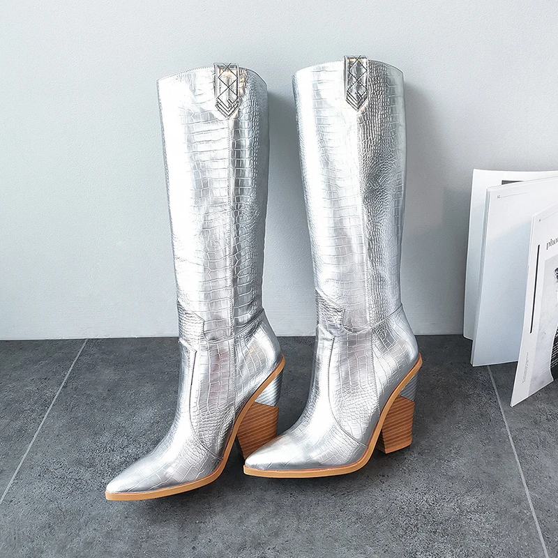 

2019 Winter New Gold silver Knee high Boots Women Pointy Toe Spike Kitten heels Winter Long High heels Knight Boots Cowboy boots