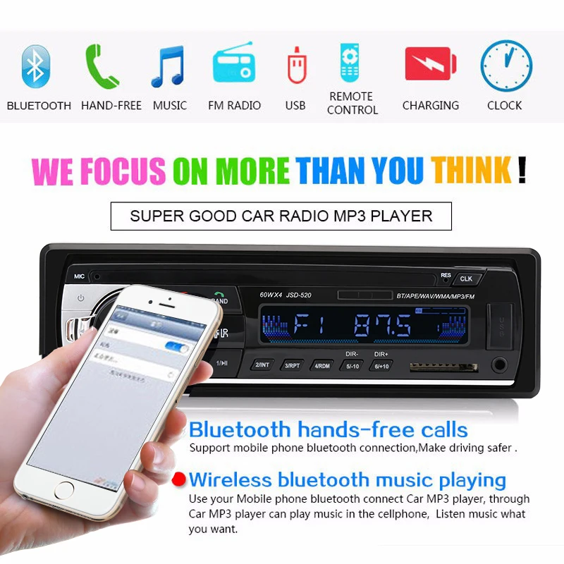 Авторадио JSD520 стерео плеер цифровой Bluetooth MP3 60Wx4 FM аудио с входом AUX в тире |